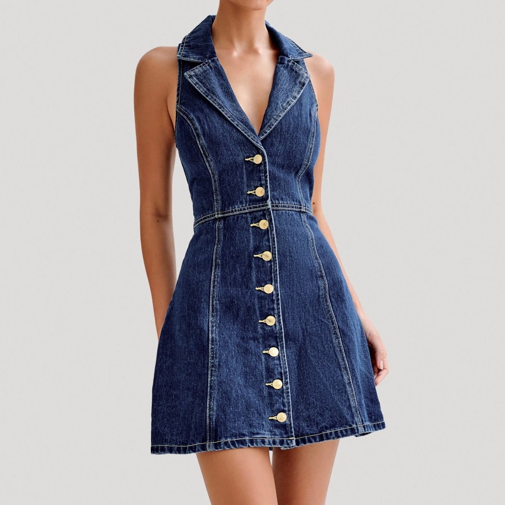 NWT Meshki Eugenie Collared Denim Mini Dress - Dark Blue